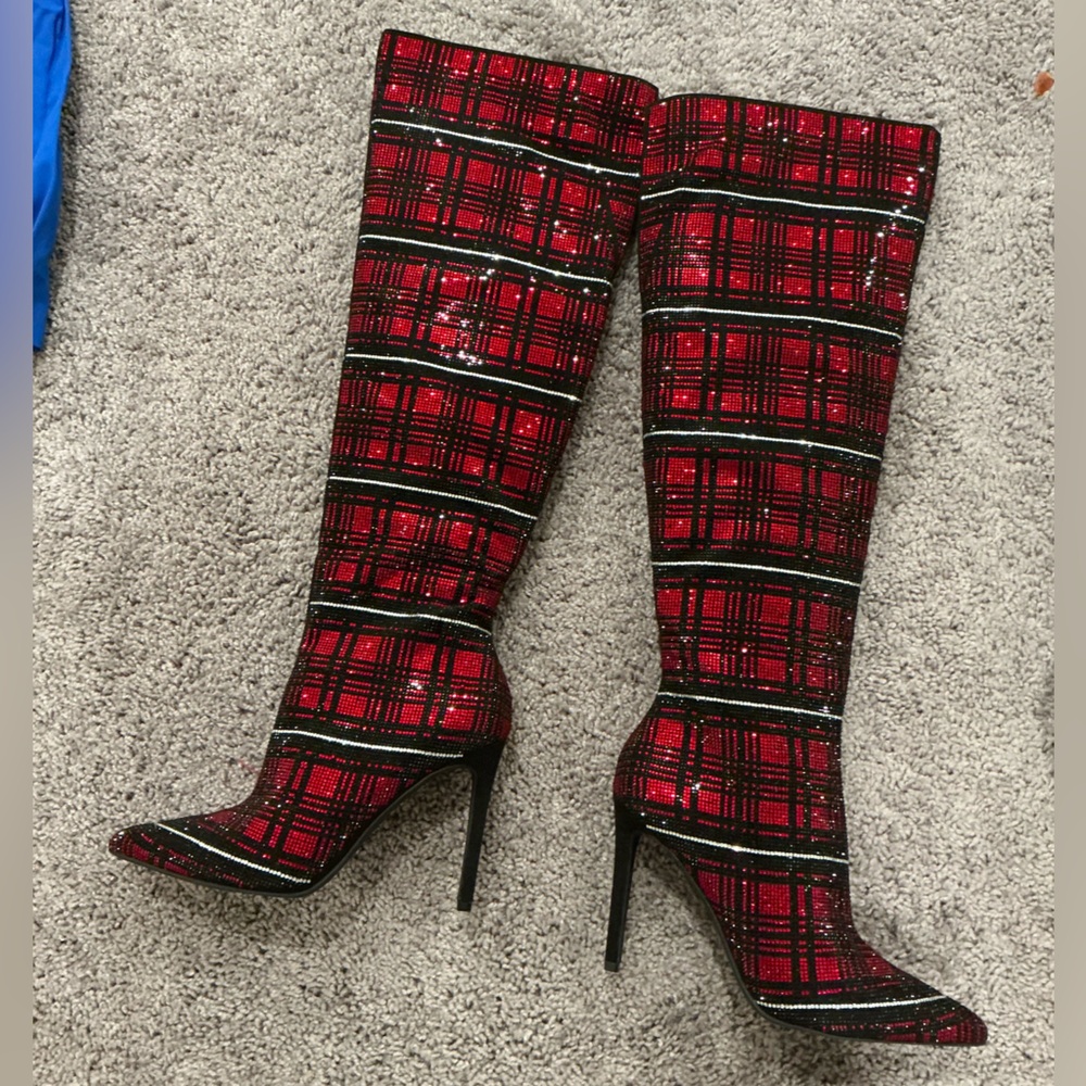 INC International Concepts Red and Black Plaid rhinestone boots OTK Boots - Picture 4 of 9